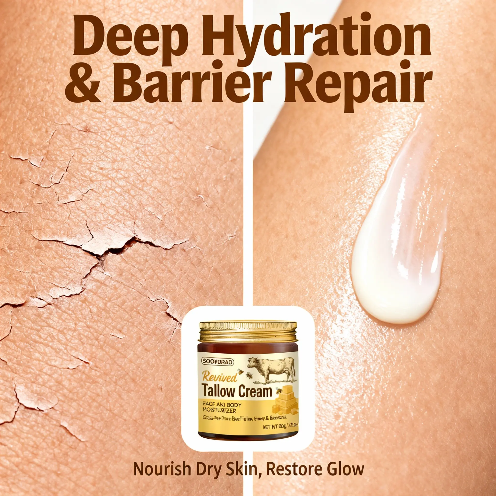 Revitalizing Beef Balm, Grass-Fed Pure Beeswax Honey Formula, Moisturizing Smooth, Face & Body, Unisex, 80g, Daily Use, All Skin Types