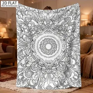 2D Flat 1pc Blanket Soft Single Sided Printed Blanket, Coloring Page for Adults, Mandala Background with A, Suitable for Napping, Camping, And Traveling