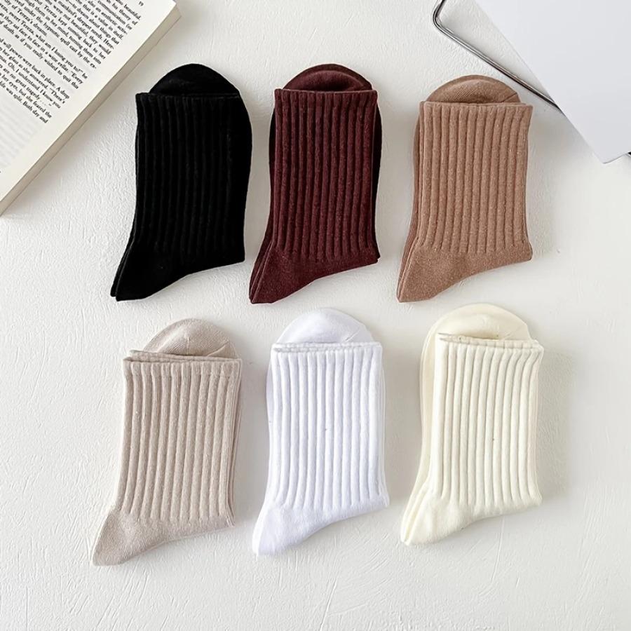 5/6 Pairs of Breathable Mixed Color Pile Socks Sweet Long Socks Suitable Unisex Mid Length Socks Essential for Home Use Fashion Womenswear Knitted Basic Striped Solid Polychrome-6Pairs