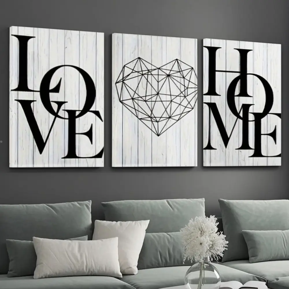Modern Nordic Style, Canvas Wall Art Set, Geometric Heart And Love Home Typography Design, High Definition Printed On Stretched Canvas Frame, Living Room Sofa Background Decoration, 3 Piece Panel Set