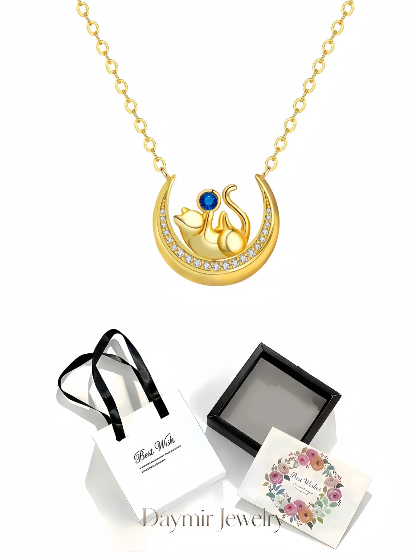 Cat Heart Moon Wheel Diamond Series Necklace, lovely cat-on-moon pendant with 18K gold plating and gemstones. Equipped with exquisite drawer jewelry box, ideal gifts for birthdays, Mother’s Day, Valentine’s Day, Christmas and anniversaries.