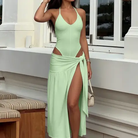 Women's Two-piece Halter Neck Backless Sleeveless Bodysuit & Bodycon Tie Split Skirt Sets Matching Clothing Set for Party, Club & Holiday Outfit Set