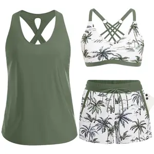 Aqua Eve Three Piece Tankini with Shorts - Sporty Swimsuit with Boyshorts Athletic Bathing Suit with Pockets 2026 Modest Swimwear
