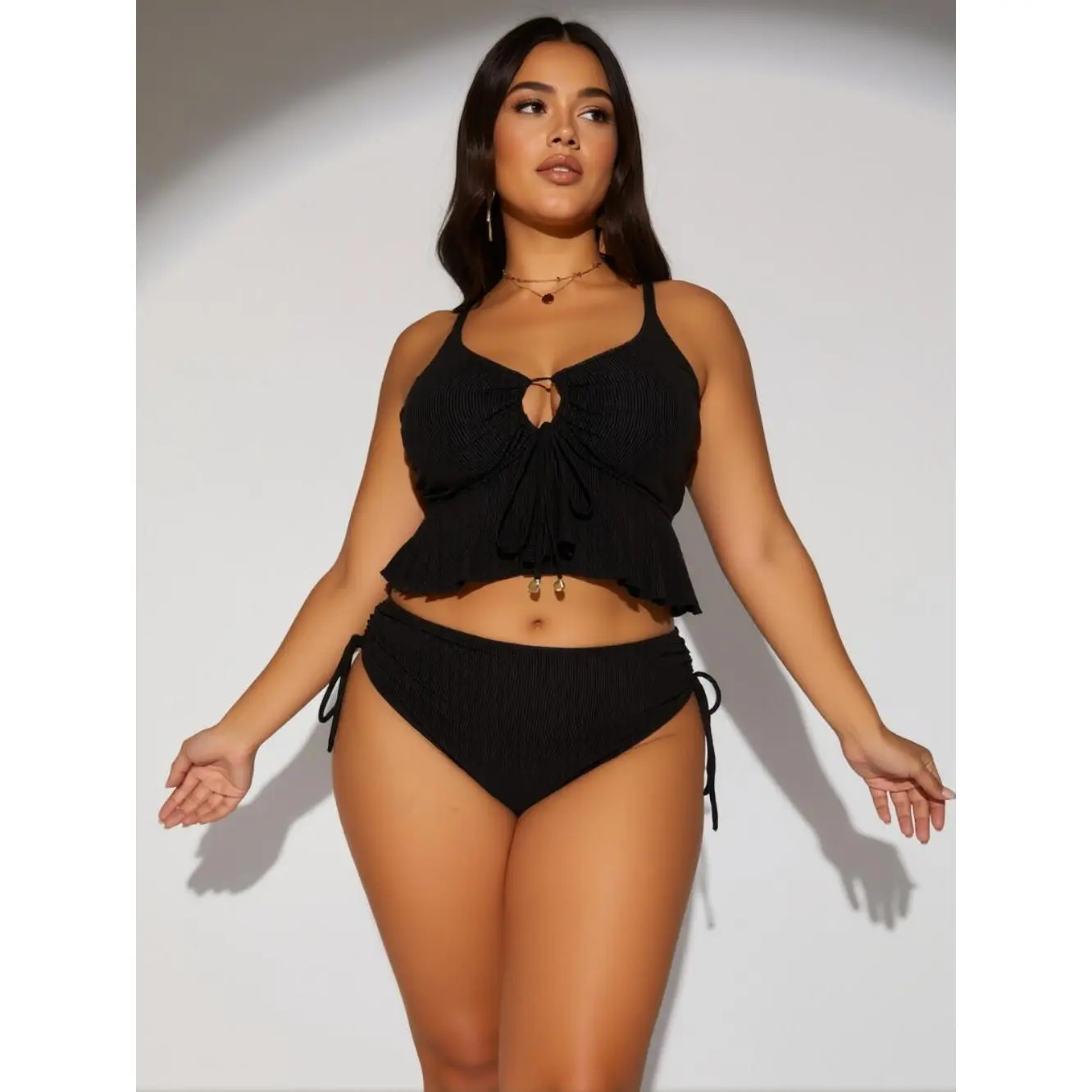 Black Tied Halter 2 Piece Plus Size Bikini Women Push Up Hollow Large Big Swimsuit Backless Chubby Bathing Suit