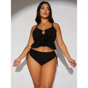 Black Tied Halter 2 Piece Plus Size Bikini Women Push Up Hollow Large Big Swimsuit Backless Chubby Bathing Suit