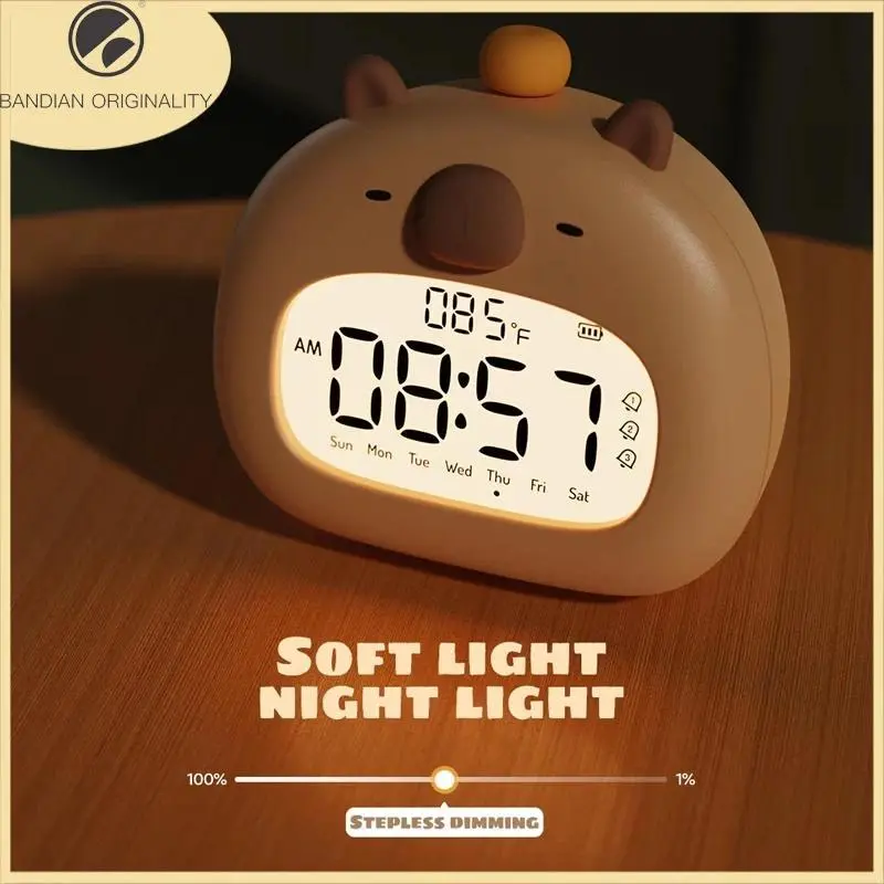 Bedside LED Clock Kids Alarm Clock Children's Sleep Trainier Temperature Display With Rechargeable Control Digital Cute Capybara