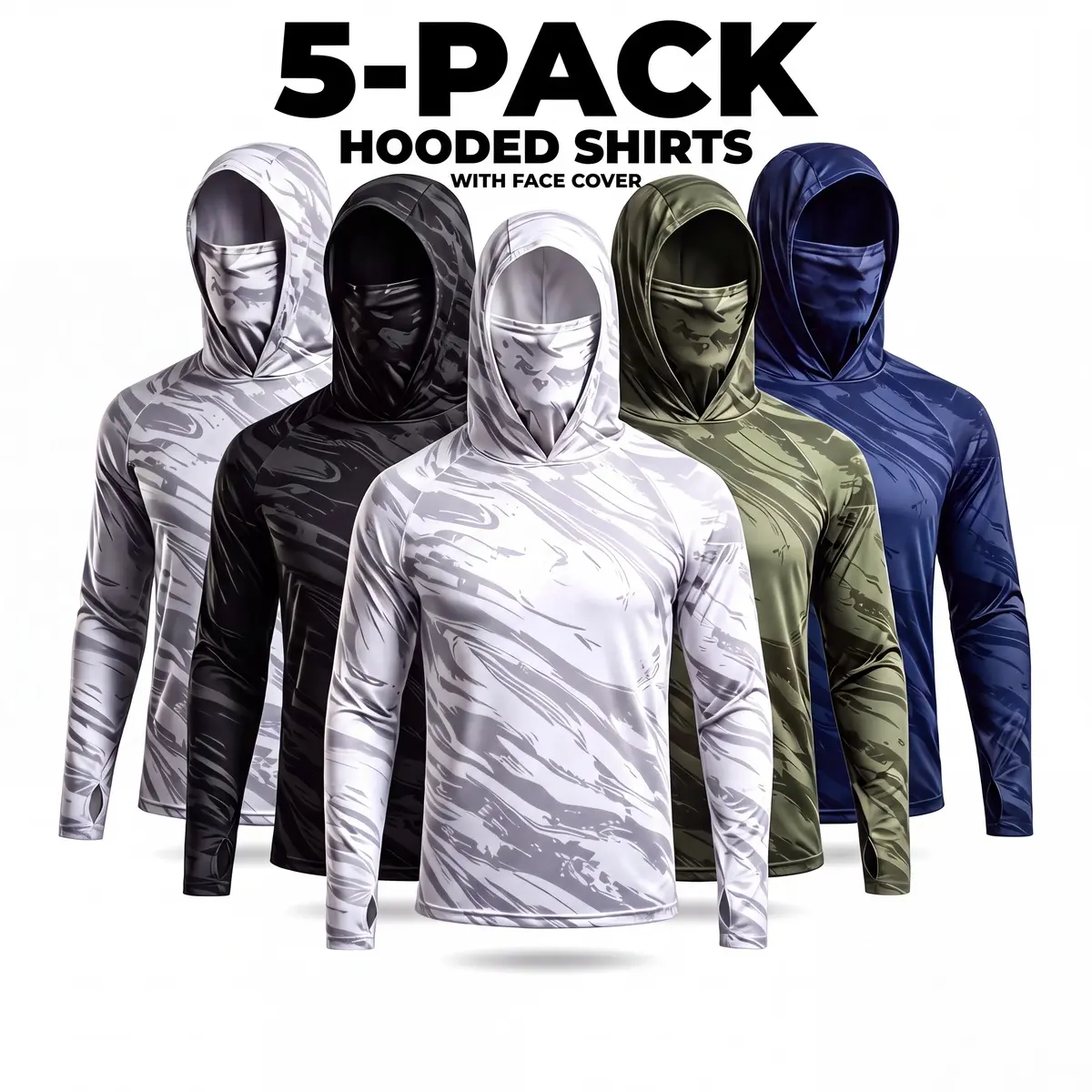Men's Multi-Size Integrated Mask Hoodie (5pcs) - UPF UV Protection Polyester Long Sleeve with Thumb Holes, Quick-Dry Stretch, for Fishing, Hiking/Light Outdoor Activities