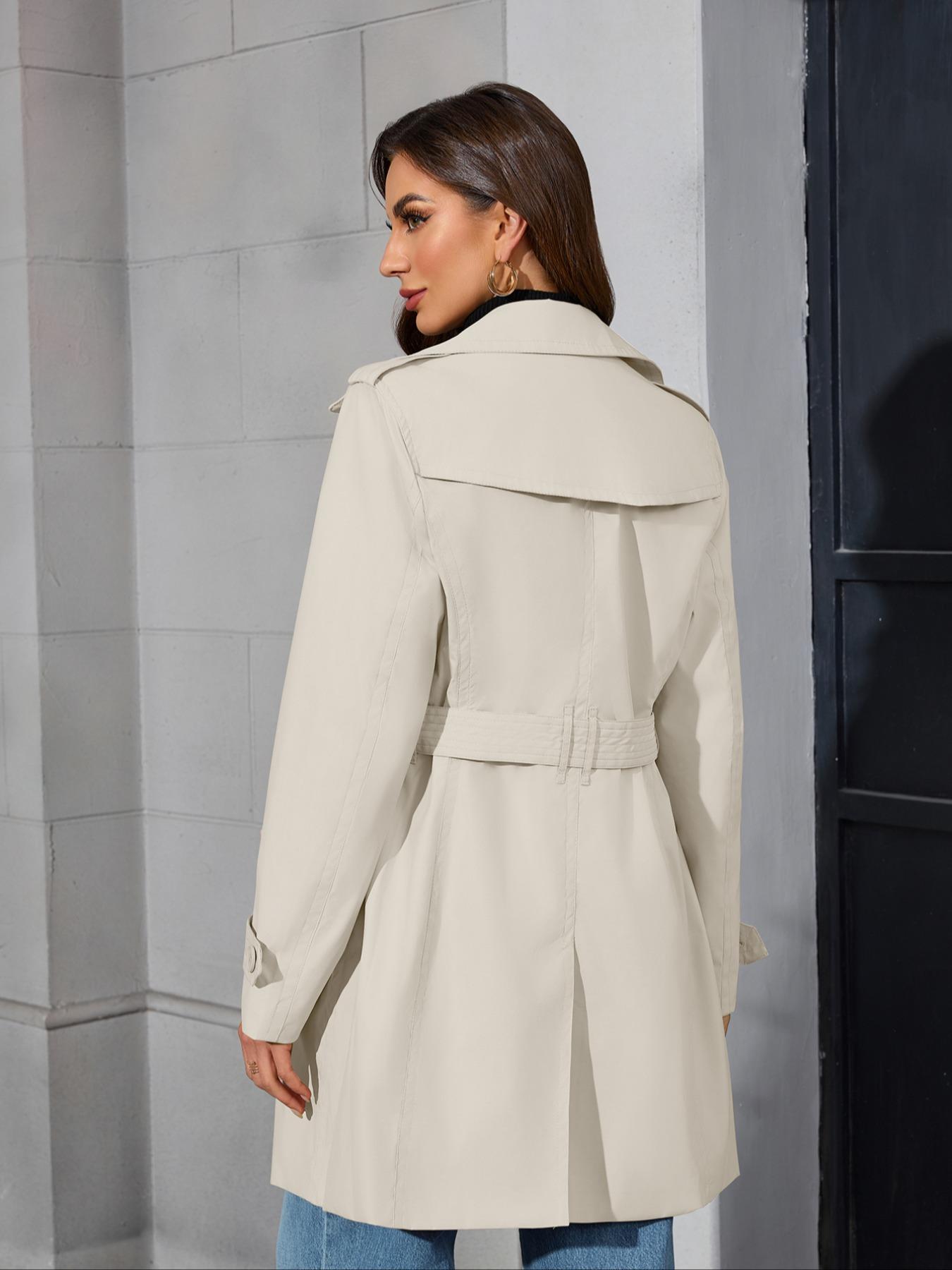 Women's Spring Windbreaker Jacket, Mid-Length Casual Commuter Coat, Long Sleeve Fitted Design with Pockets, Includes Belt, All Seasons