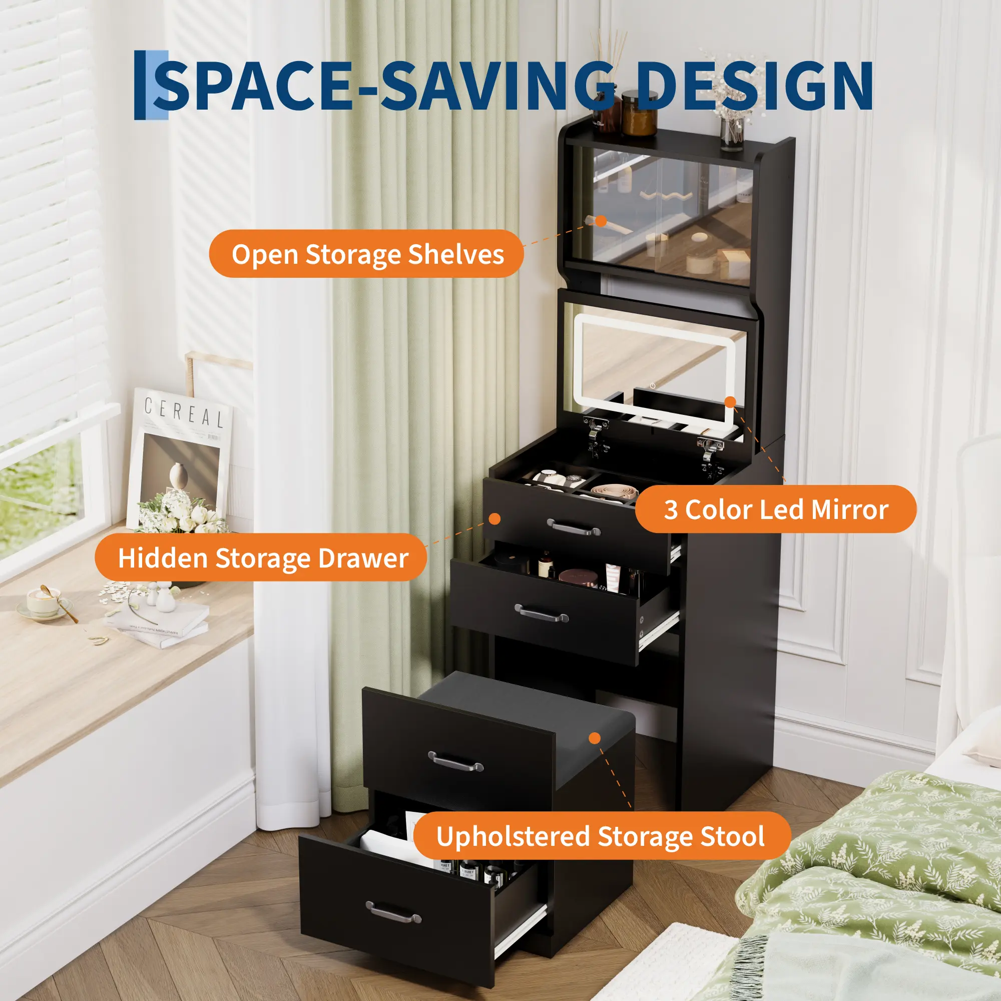 3-in-1 Multifunctional Vanity Desk with 3-Color Lighted Mirror, Hidden Stool & Charging Station, Modern Makeup Table with Acrylic Cabinet Doors, Drawers & Jewelry Storage, Compact Bedroom Beauty Furniture