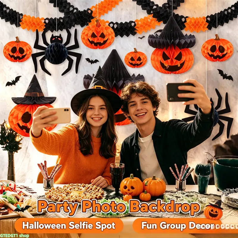 4pcs Honeycomb Hanging Decoration Pack - Foldable Jack-O-Lanterns, Spider Paper Cutouts, Lightweight Spooky-Print Door Charm Accessory for Halloween Porch & Indoor Party Backdrop (Luggage & Bag Charm Accessory), Door Decoration