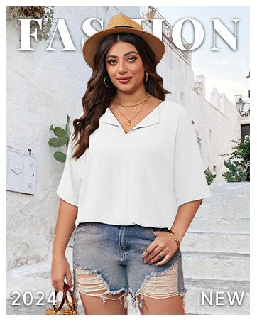 Imily Bela Womens Plus Size Tops Short Sleeve V Neck Tee Blouse Summer Loose Fit Casual Tunic Top XL-5XL