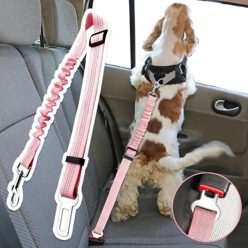 Dog & Cat Car Seat Belt, Durable Reflective Harness with Adjustable Bungee Leash, Anti‑Rust Hook Clip for Safe Road Trip Travel, Compatible with Most Cars Pet Safety Leash Set