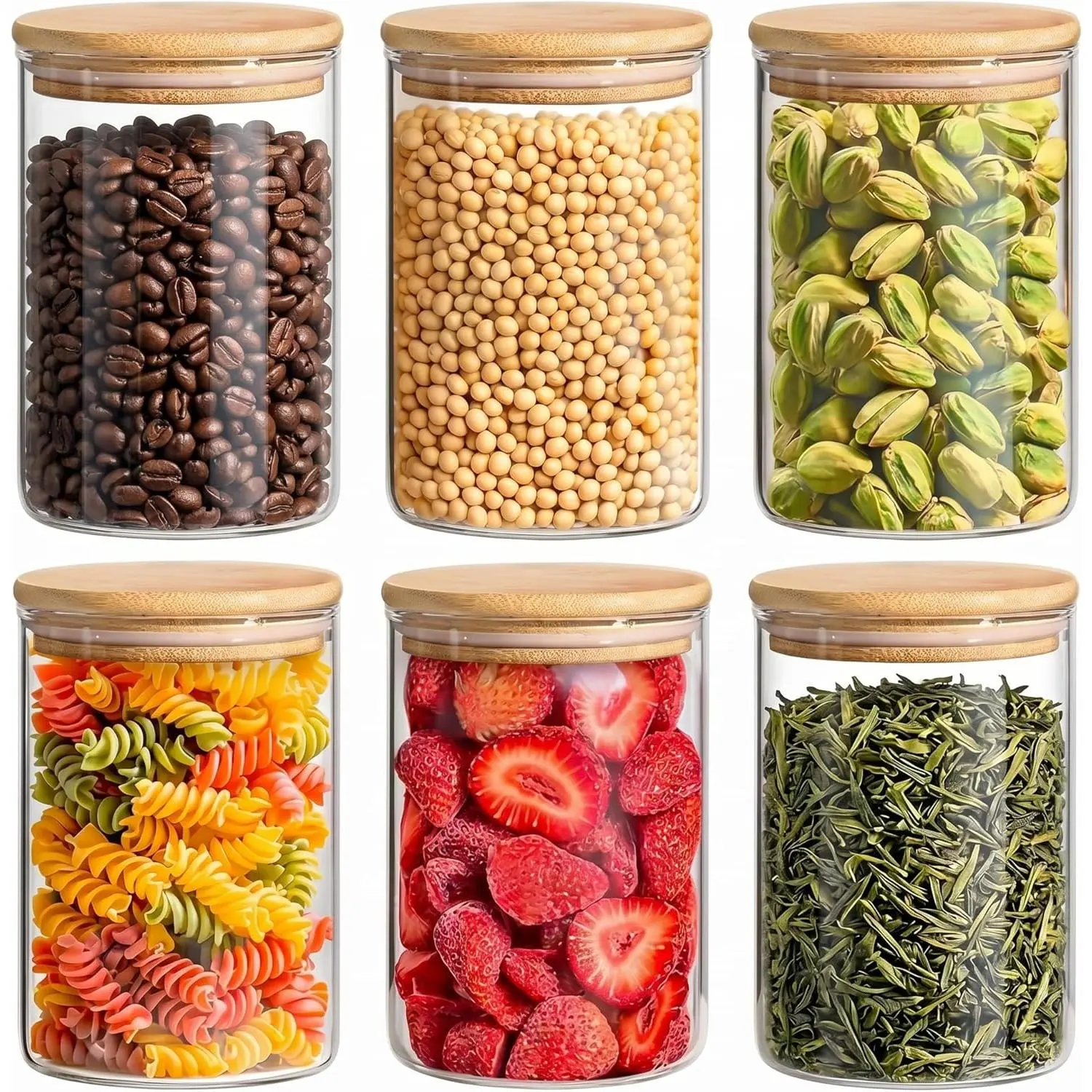 6-Pack Borosilicate Glass Jars with Airtight Wooden Lids, Clear Food Storage Containers, Kitchen Pantry Canisters for Tea, Flour, Candy, Grain, Microwave & Freezer Safe