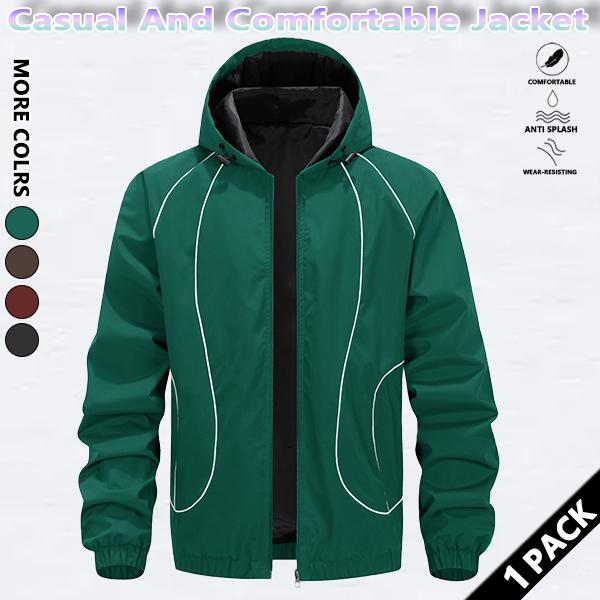 Men's solid color waterproof and windproof drawstring zipper hooded jacket, trendy striped print casual long-sleeved jacket with zipper pockets, suitable for outdoor activities, all year round. Men's solid color waterproof and windproof drawstring zipper hooded jacket, trendy striped print casual long-sleeved jacket with zipper pockets, suitable for outdoor activities, all year round.