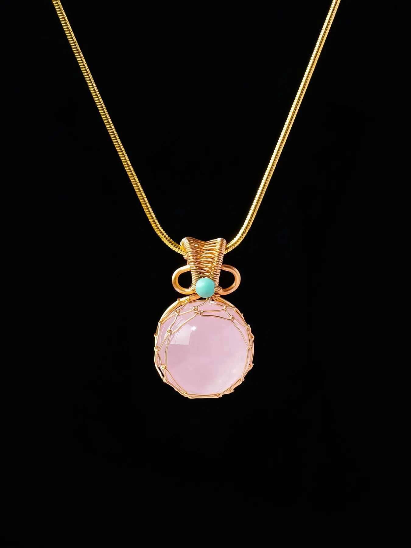 Handmade Crystal Ball Necklace, Rose Quartz Transparent Quartz Round Gemstone, Small Turquoise Accent, Crystal Jewelry, Perfect for Daily Wear and Birthday Gifts
