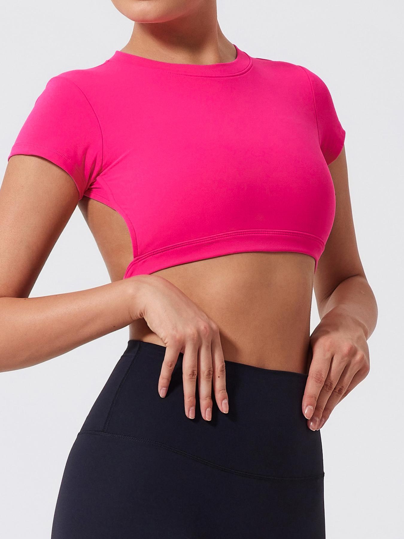 Women's Solid Backless Crop Gym Top, Casual Workout Tops, Fitted Sportswear, Casual Short Sleeve Round Neck T-Shirt for Daily Wear, Ladies Sportswear for Indoor and Outdoor Wear