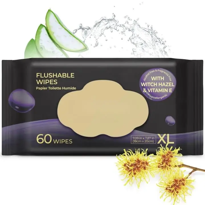 Hazel Flushable Wipes for Adults, , 60 Count | Unscented Wet Wipes with Vitamin E, Gentle for  ,  -Based, Sewer & Septic Safe