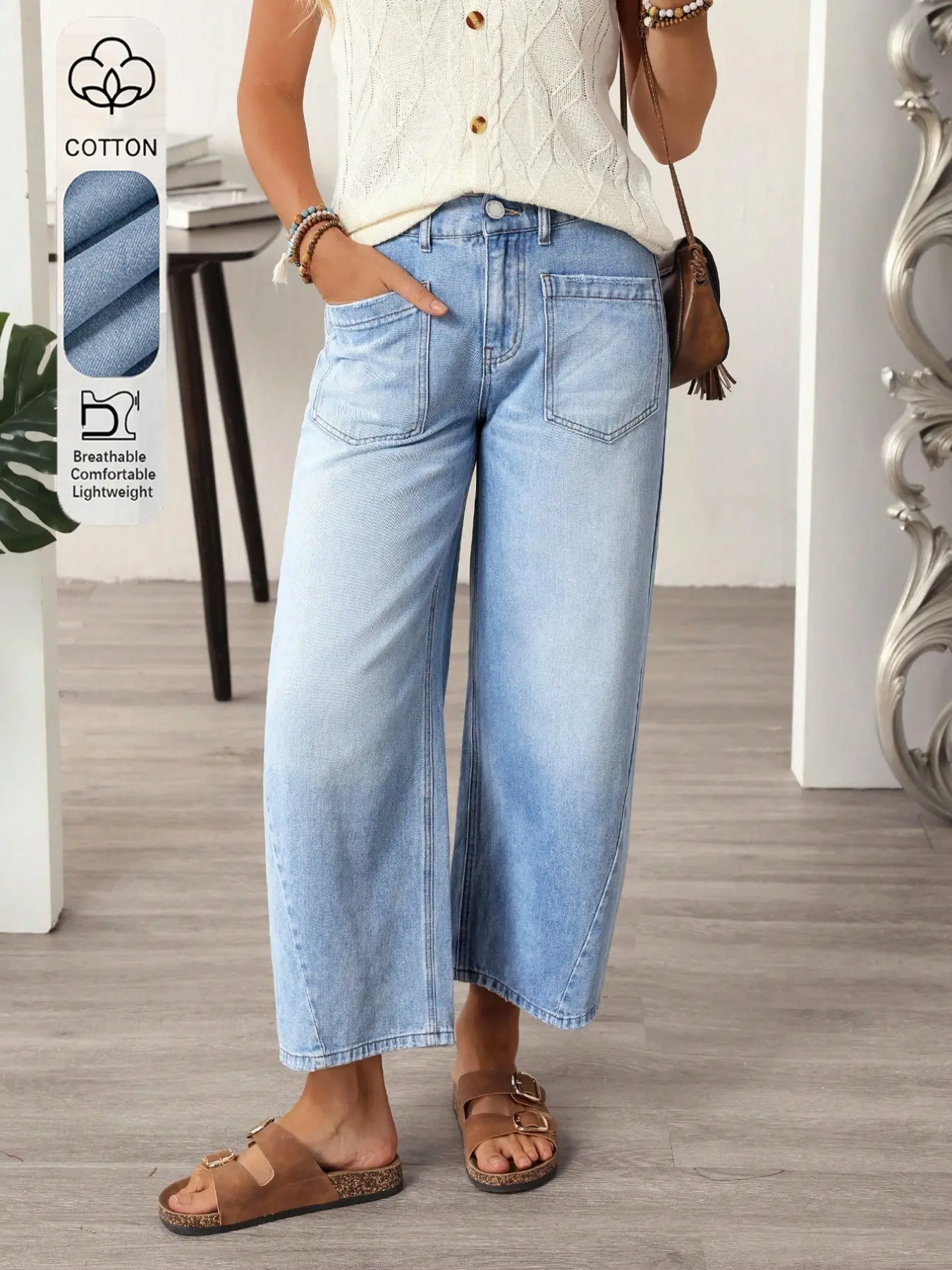Women's Casual Elegant Chic Nine-Quarter Elastic Waist Denim Jeans for Spring & Summer