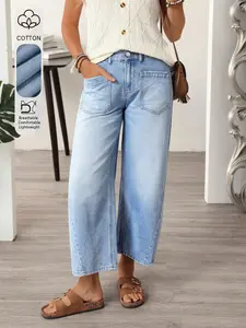 Women's Denim Jeans, Nine-Quarter Elastic Waist Pants, Bucket Style, Casual Elegant Design, Suitable for Spring Summer Autumn, Bottom