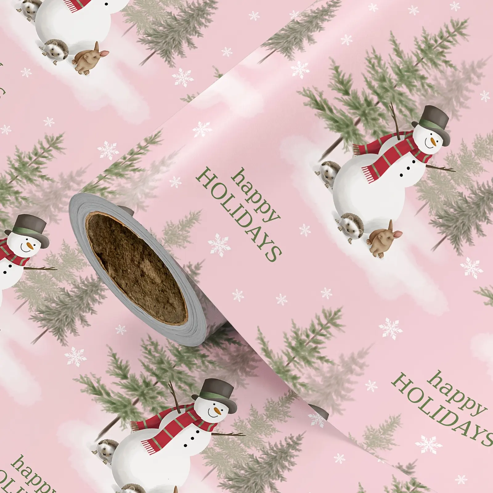 Christmas Wrapping Paper Roll, Background with Snowman, Pine Tree, Rabbit, Hedgehog, Happy Holidays Text, 43.2cm X 500cm, Gift Packaging