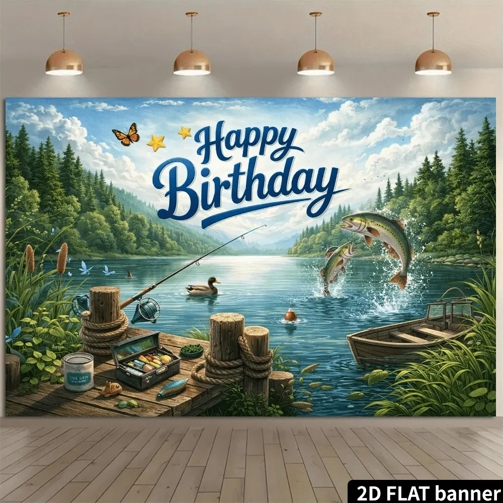 Lake Fishing Theme Birthday Banner, Single-Sided Polyester, Metal Grommets for Hanging, Ideal for Fishing Enthusiasts' Party Decorations