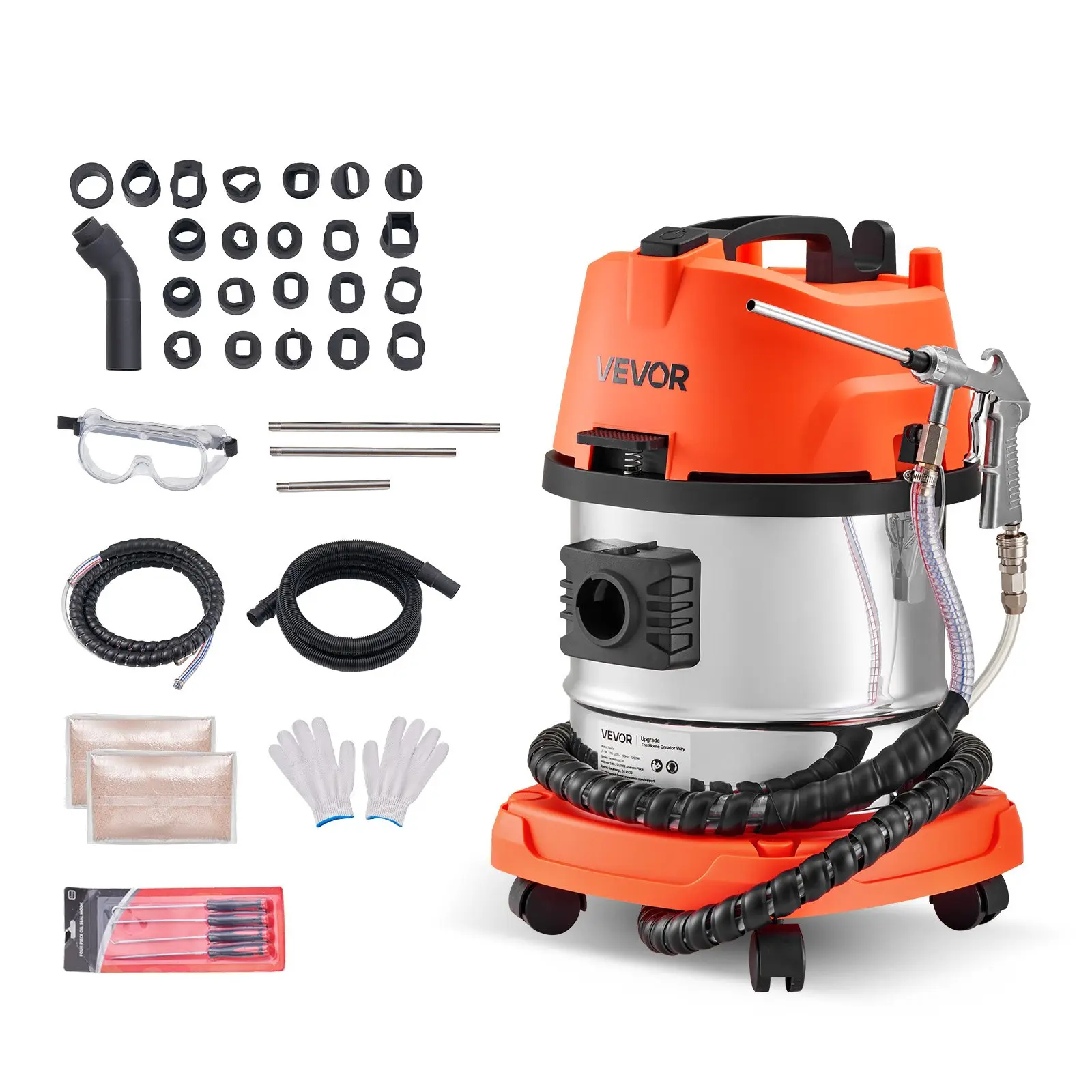 VEVOR Corded Stainless Steel Walnut Blaster Kit for Engine Intake Valve Carbon Removal, 1200W Motor Sand Blaster with Built-in Vacuum Suction, Extension Nozzle Gun, 5.5lbs Walnut Shells, 23 Adaptors, 29.21 lbs Total, 13L Tank Capacity for Garage Use, 15 X
