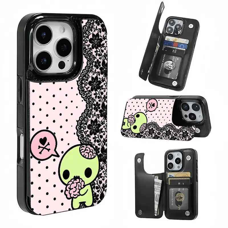 Sweet & Cool Lace Polka Dot Zombie Card Holder, This phone case features a card slot function, can store bank cards, transit cards and other cards, suitable for iPhone 17/16/15/14/13/12Pro ProMax Plus  Air series, and makes a great gift for girls.