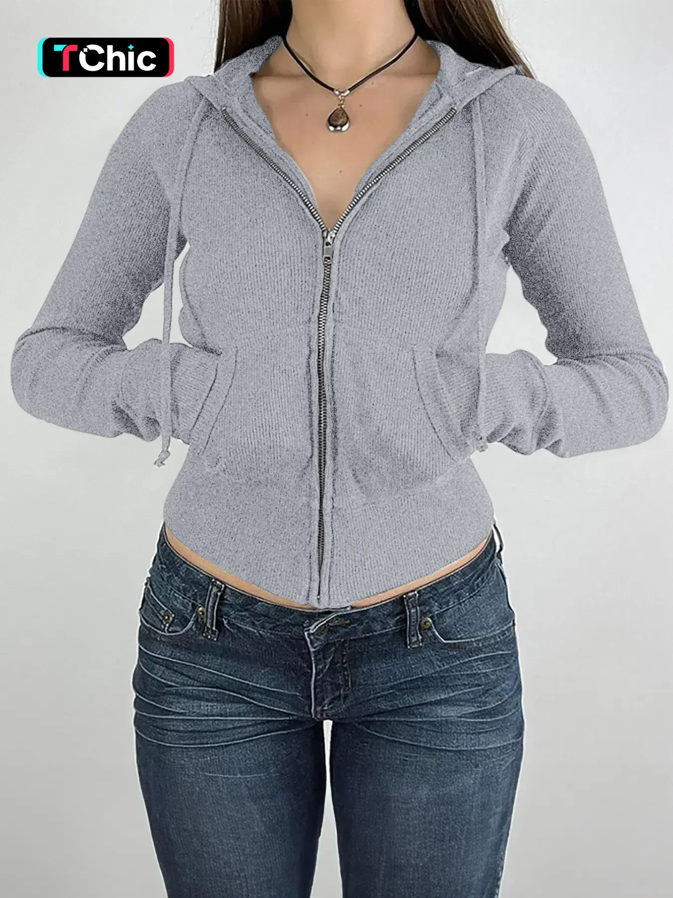 Women's Slim Fit Short Hooded Jacket, Zipper Drawstring Pockets Long Sleeve, Trendy Skinny Open Front Sweatshirt, Fashionable Ladies' Outerwear