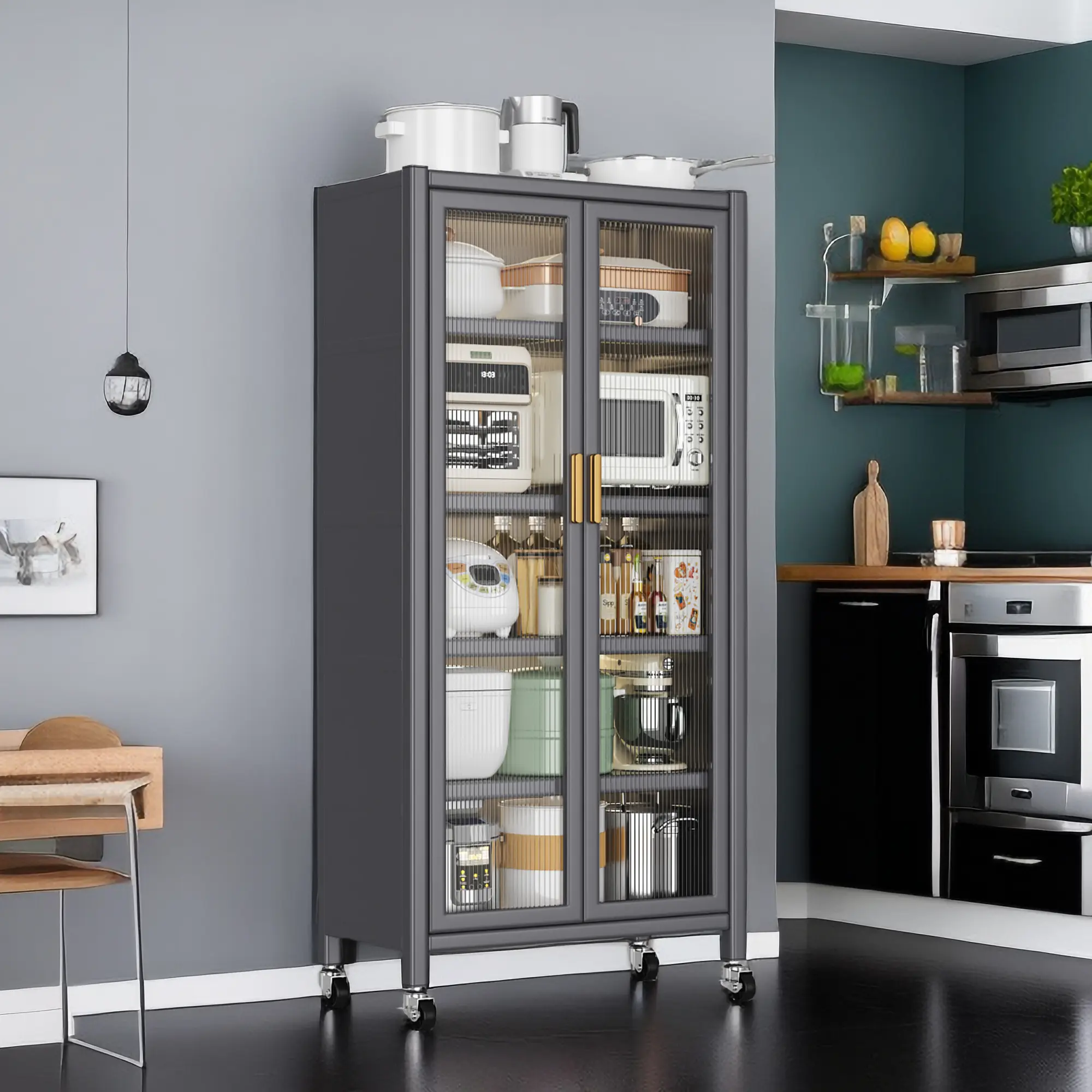 ARCH Tall Kitchen Cabinet with Doors, Floor-to-Ceiling Storage Cabinet for Pantry, Microwave, Dishes, 67.3H Metal Grey Freestanding Cupboard with Shelves, Lockable, 250KG Capacity, for Kitchen Dining Room, Grey Color Options, Metal Material