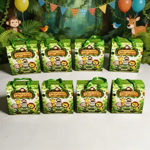 8pcs jungle adventure animal party gift box, equipped with a green ribbon handle, featuring patterns of lions, elephants, giraffes, and monkeys. Suitable for jungle party, baby baptism. Jungle party supplies, hunting small gift bag, zoo animal gift box