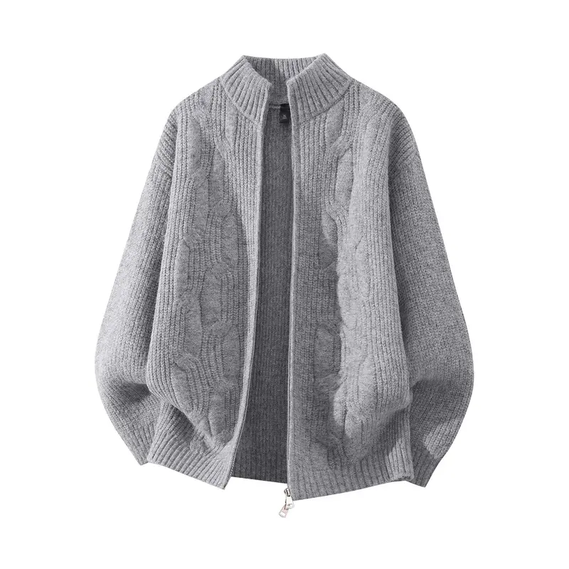 Men’s Fall Winter Full‑Zip Mock Neck Cable Knit Cardigan Jacket, Classic Twisted Cable Textured Knit Fabric, Ribbed Trim On Cuffs and Hem, Multi‑Color Options Daily Casual Knit Outer Coat