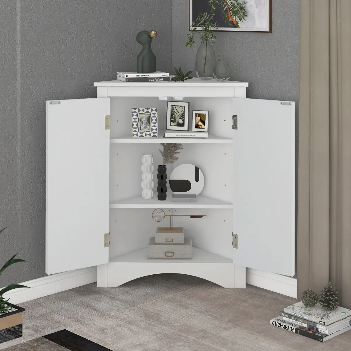 Modern White Triangle Indoor Bathroom Storage Cabinet - Freestanding Floor Cupboard with Adjustable Shelves, High-Quality MDF, Moisture Resistant, Compact Space Solution, Easy Setup with User Manual, Triangle Form, Waterproof, 30Lbs Per Shelf