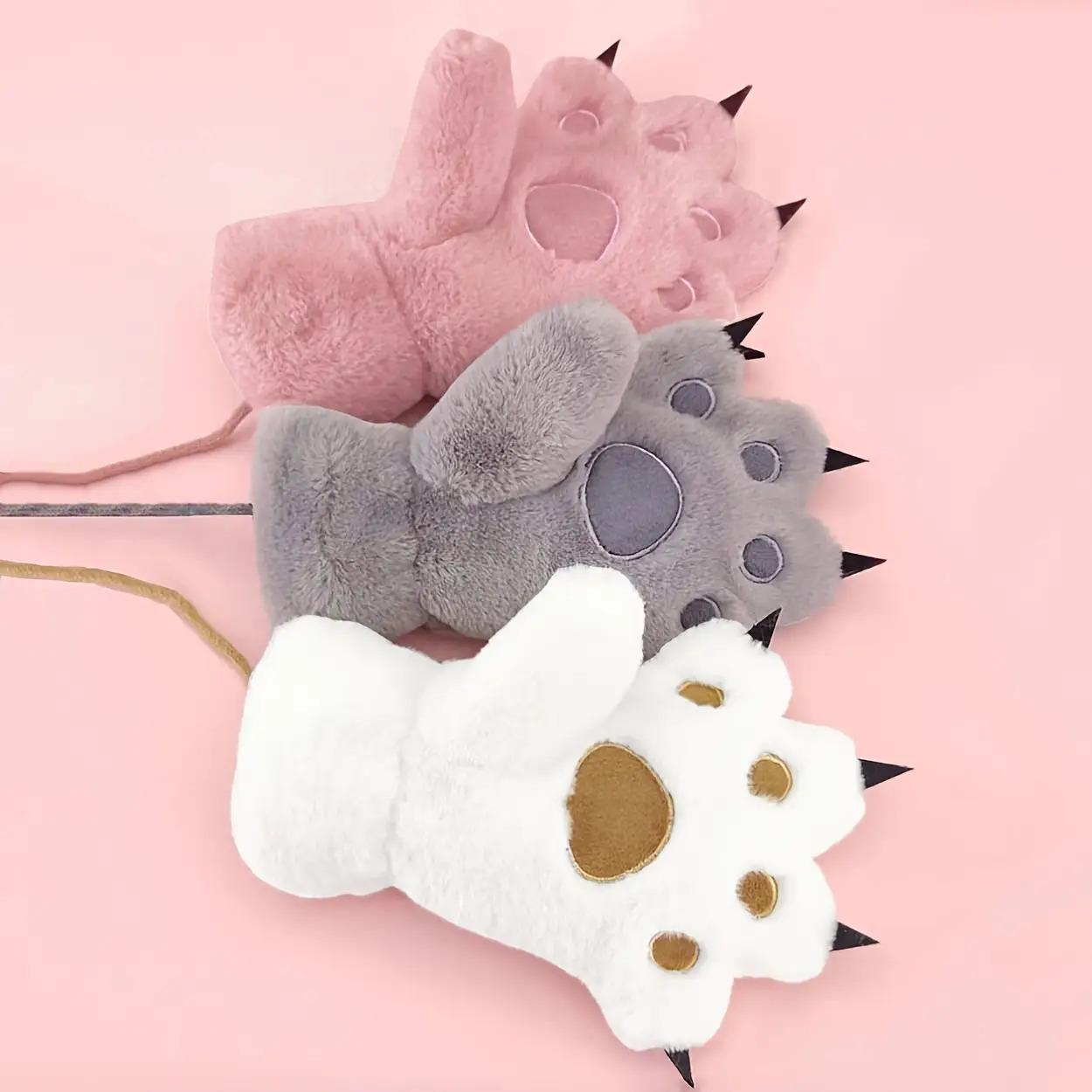 1 Pair Girls' Winter Plush Bear Paw Gloves - Cute Cartoon Bear Face with Expressive Eyes & Nose, Thick Warm Fleece-Lined Hand Warmers for Old