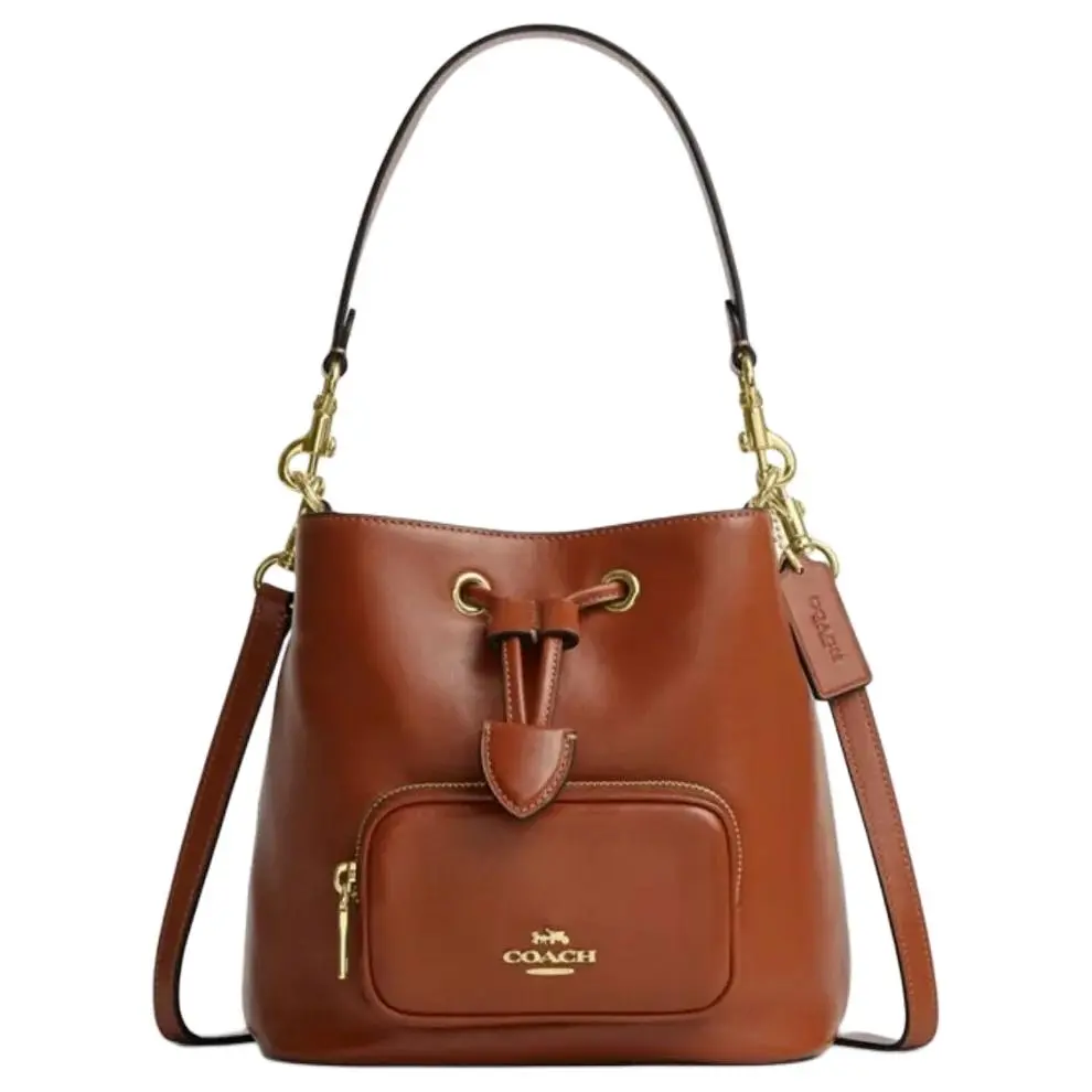 COACH Rowan 22 Drawstring Bucket Bag for Women, Leather Shoulder Bag in Brown