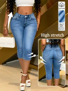 Women's Mid-Waist Light Blue Washed Side Slit Seven-Quarter Jeans, Elastic Slim Fit, Casual Commuter Pants, All Seasons