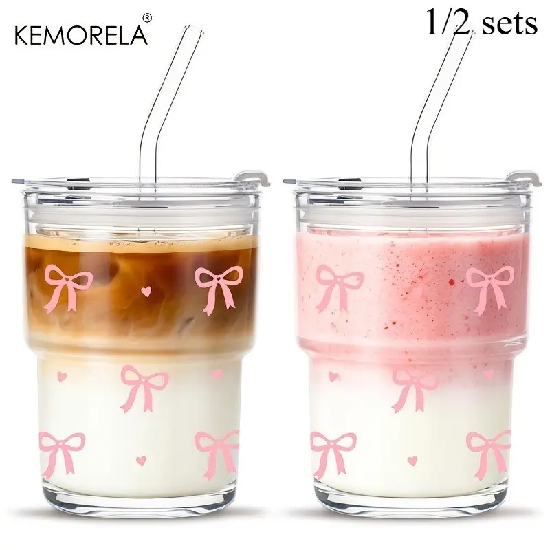 Kemorela 13oz Bow Glass Mug Tumbler, Thick-Wall Glass Drinkware Cup with Lid and Straw, Water Tumbler with Straw, Portable, Ideal for Coffee, Tea, Milk, Travel and Daily Use