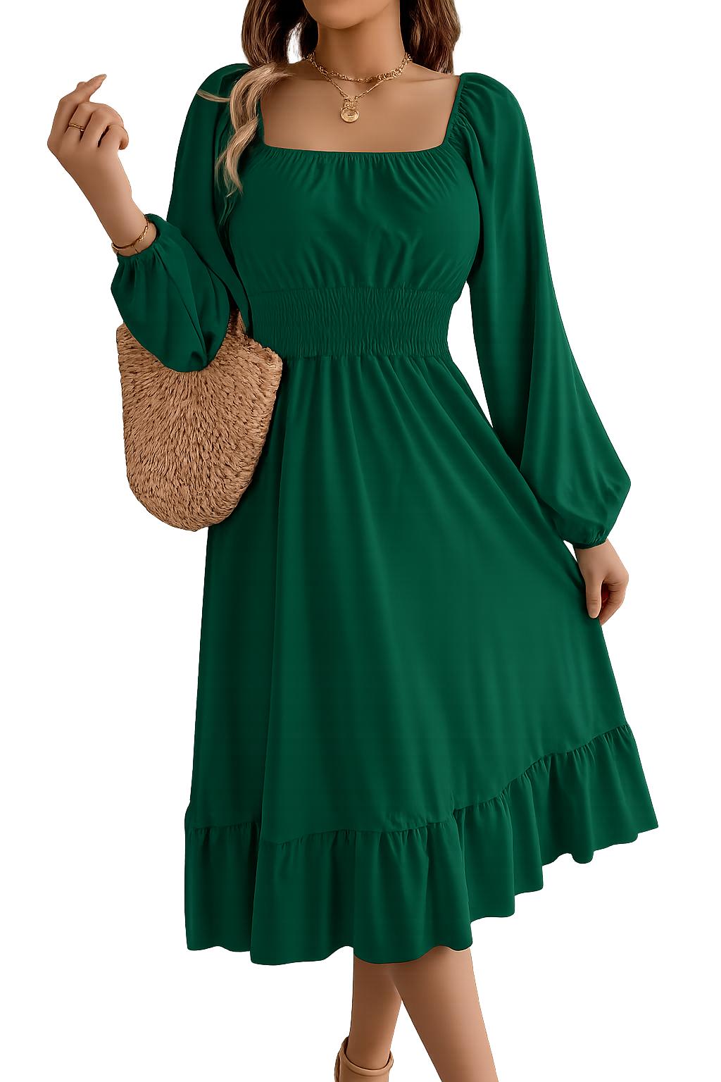 2026 Spring and Summer Leisure Solid Color Square Collar Long Sleeve Waist-Cinched A-Line Skirt