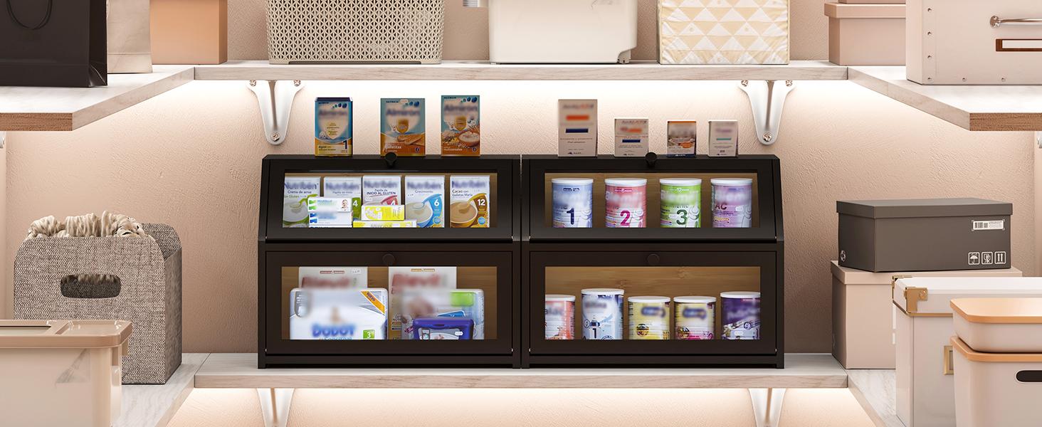 Farmhouse Bread Box for Kitchen Countertop Bread box Double Layer Bamboo Wooden Extra Large Capacity Bin Kitchen Food Storage Container(Black)