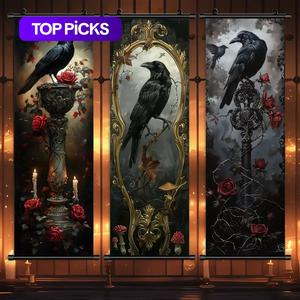 wall hanging banner, 3 counts/set scary crow pattern wall decorative scroll painting, creative festive decorations