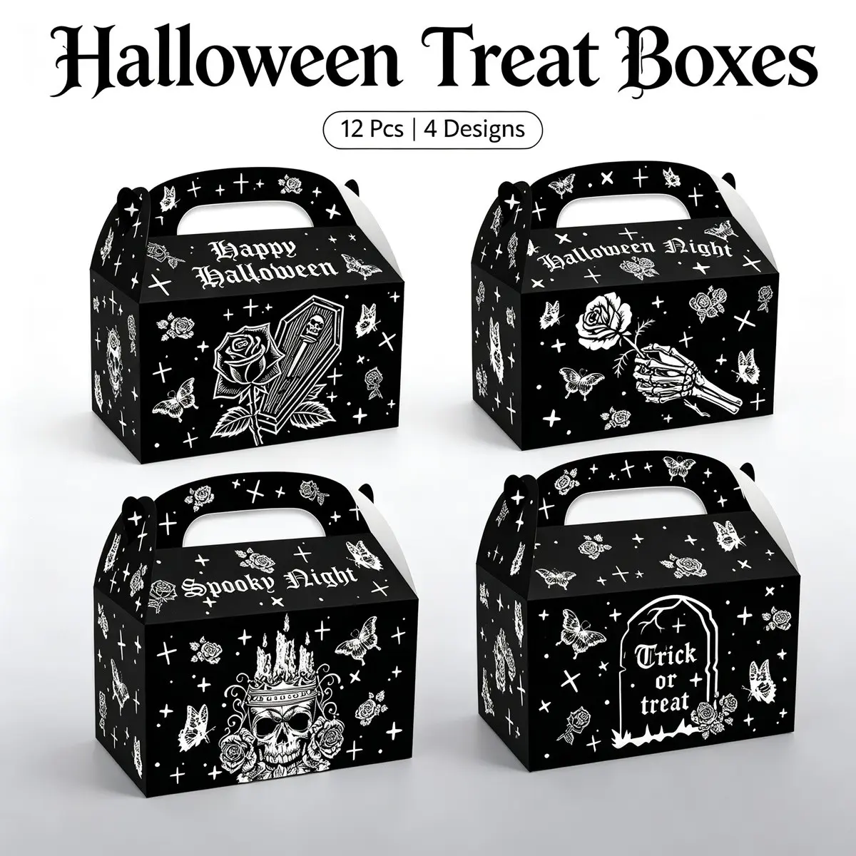 Halloween Gift Boxes 12-Pack, Mini Treat Boxes with Skulls, Coffins, Castles, Sturdy Cardboard, Ideal for Holiday Party Favors