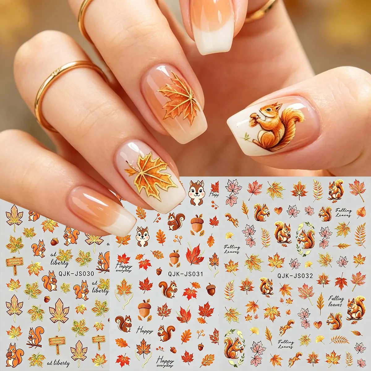 3pcs Autumn Themed Golden Foil Nail Stickers, Golden Leaf Pumpkin Squirrel Maple Ginkgo Nail Art Decals, DIY Fall Manicure Decorations