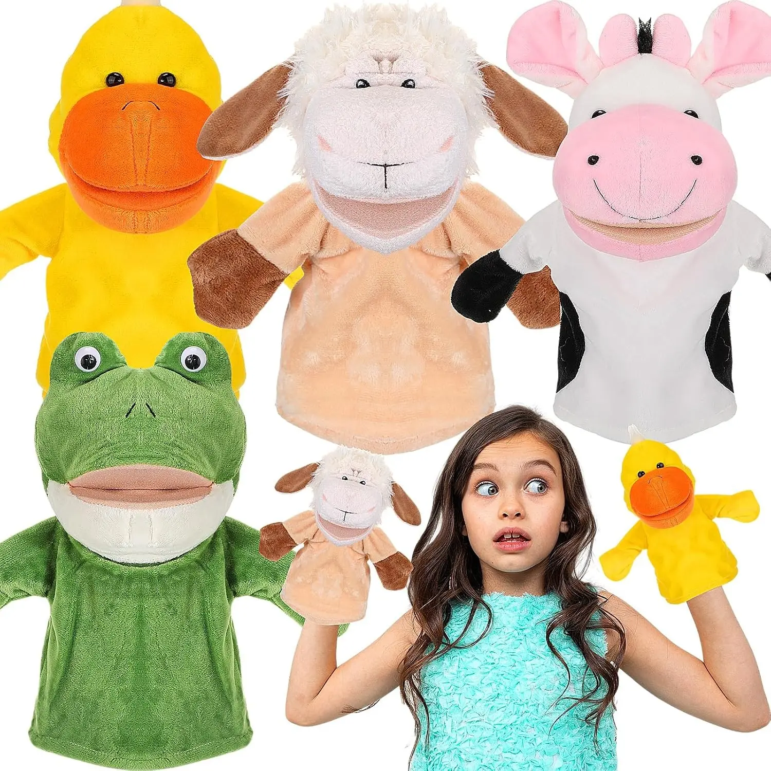 4 Pcs 9.8 Inch Animal Hand Puppets with Working Mouth, Soft Plush Puppet Toy for Storytelling Theater Preschool, Ideal Birthday Gifts - Cow Frog Duck Sheep