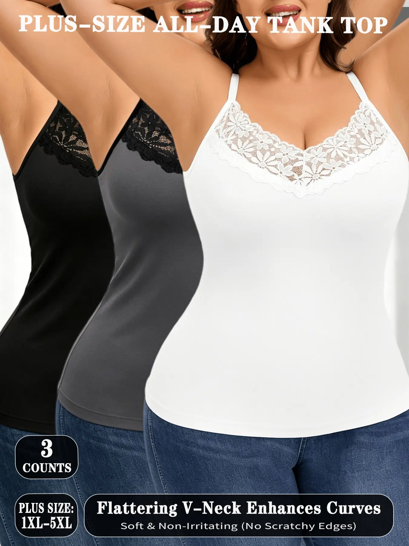 3-PCS Plus Size Lace Tank Tops Elegant, Soft Skin-Friendly, Slimming V-Neck Waist-Tightening Fit, Daily Wear Undergarments, Comfortable and Non-Irritating, Underwear