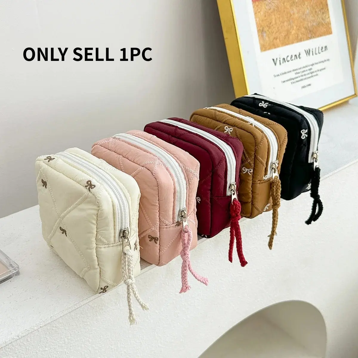 Embroidered Bow Mini Cosmetic Bag, Easy To Store Lipstick, Powder, Earplugs, Coins, Jewelry and Other Small Items