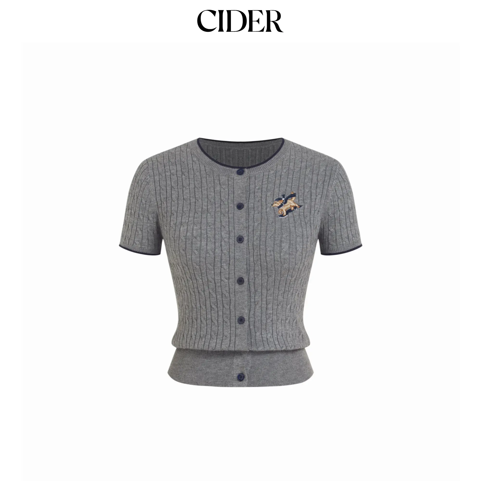 Cider Embroidered Dog Cable Knit Button-Up Short Sleeve