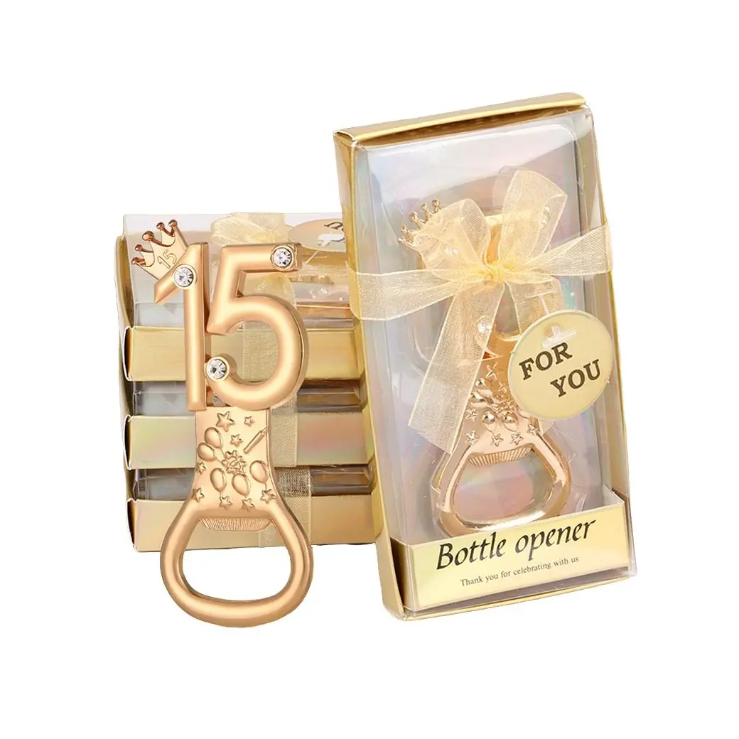 5-Piece 15th Anniversary Champagne Gold Corkscrew Set, Crown and Rhinestone Design, Gift Boxed Party Souvenirs, Model 15-001-Kpq