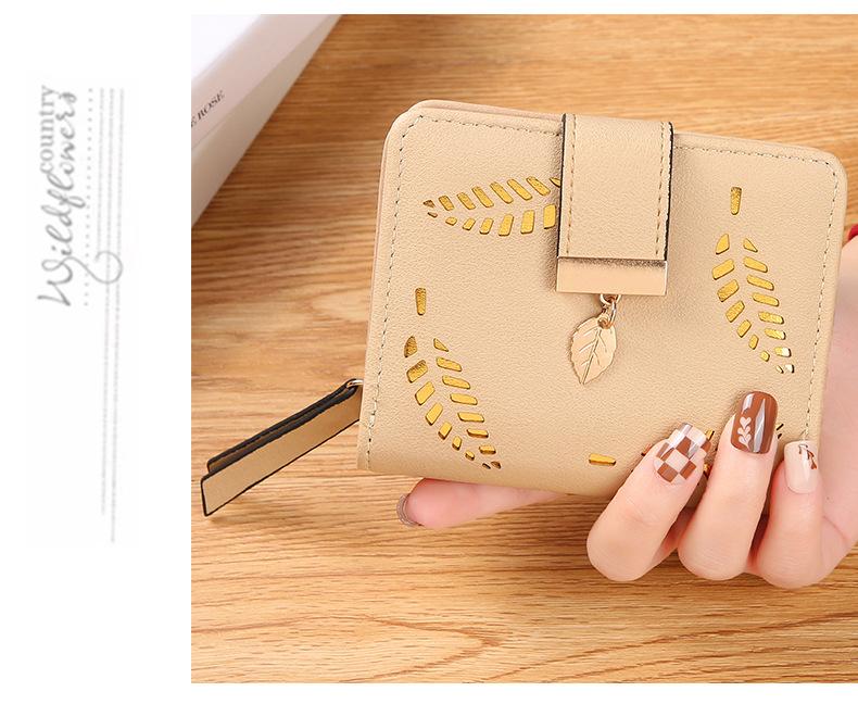 Leaf Short Wallet for Women Korean Style Hollowed Out Fashion Trend Change Zipper Card Bag PUCortical Embossed Leather Daily Matching