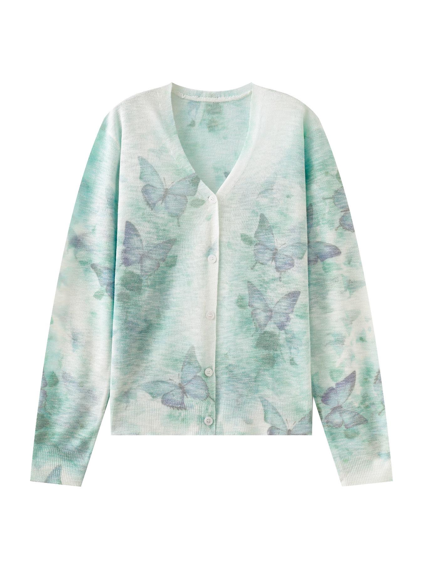 Women's Butterfly Print V Neck Cardigan, Casual Open Front Long