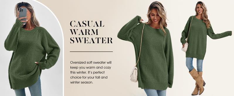 Saodimallsu Womens Oversized Sweater 2025 Fall Trendy Fuzzy Crew Neck Long Sleeve Casual Tunic Sweaters