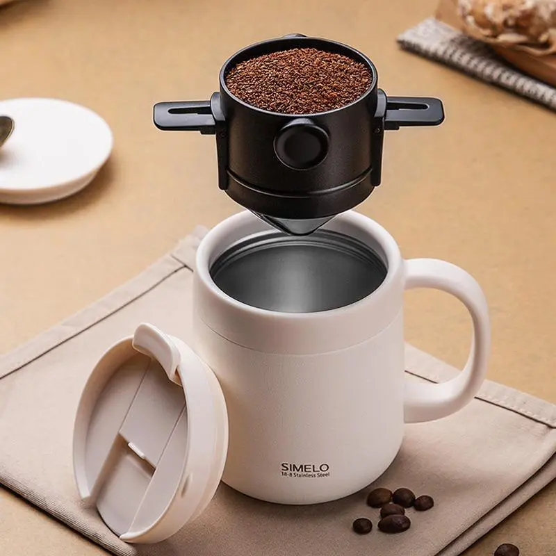 Portable Ear-Hook Coffee Filter, Foldable Stainless Steel Reusable Coffee Filter, Mini Paperless Single Cup Drip Brewer, Easy Clean for Travel Camping